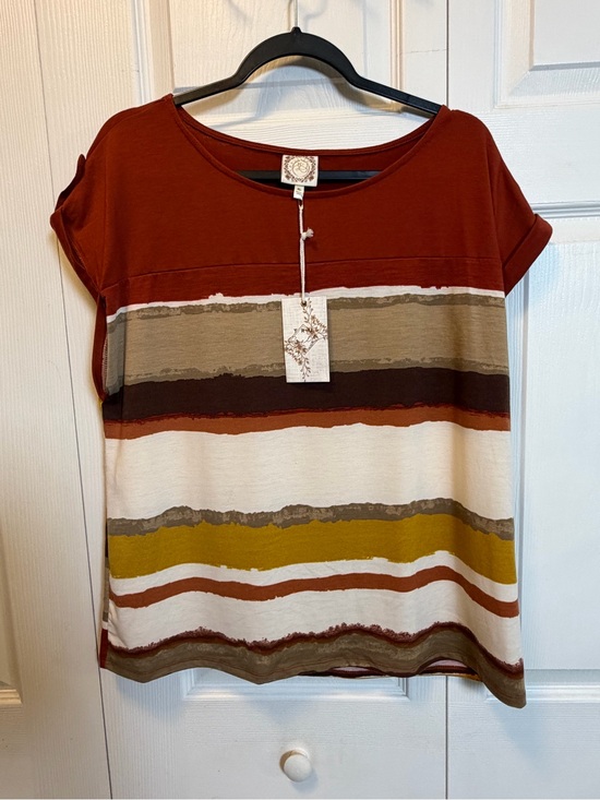 Tru Self Tops - Rust Stripe Colorblock Short Sleeve Top XL Boho Casual Stretch Blouse